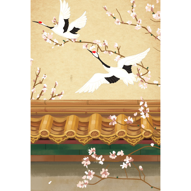 Custom Illustration Chinoiserie Mural with Halcyon Fly over Roof Pattern in Light Yellow Clearhalo 'Wall Decor' 'Wall Mural' 1513679