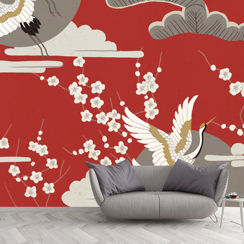 Halcyon and Tower Print Mural Japanese Non-Woven Fabric Wall Decor in Beige on Red Red Clearhalo 'Wall Decor' 'Wall Mural' 1513681