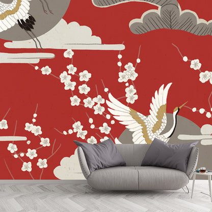 Halcyon and Tower Print Mural Japanese Non-Woven Fabric Wall Decor in Beige on Red Red Clearhalo 'Wall Decor' 'Wall Mural' 1513681