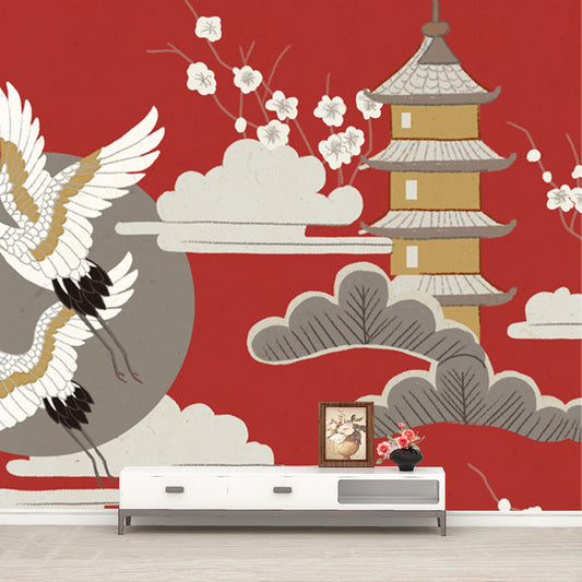 Halcyon and Tower Print Mural Japanese Non-Woven Fabric Wall Decor in Beige on Red Clearhalo 'Wall Decor' 'Wall Mural' 1513682