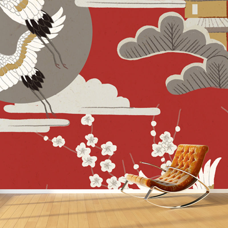 Halcyon and Tower Print Mural Japanese Non-Woven Fabric Wall Decor in Beige on Red Clearhalo 'Wall Decor' 'Wall Mural' 1513683