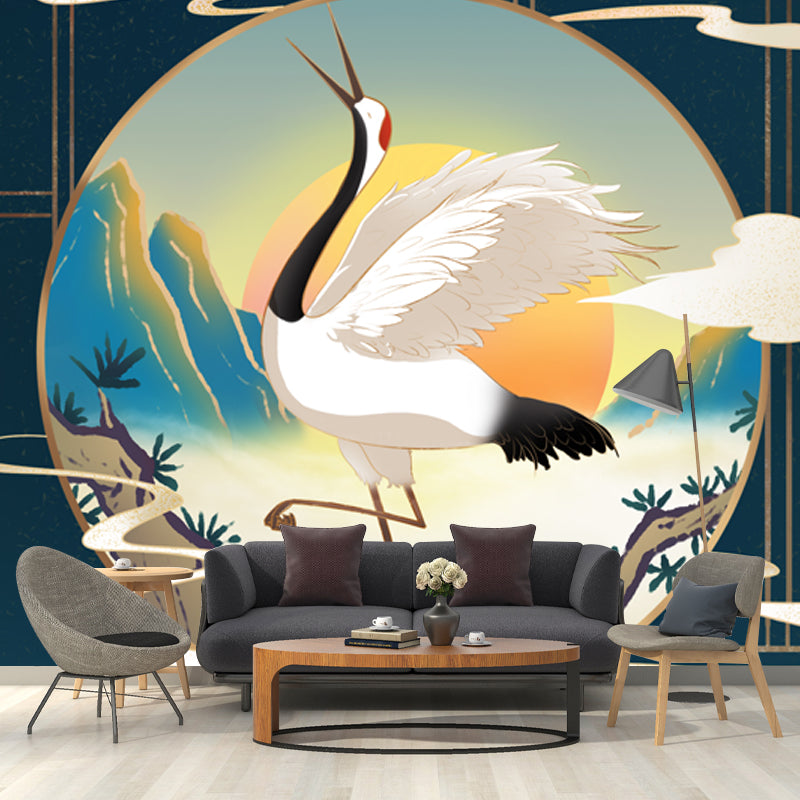 Chinese Halcyon Dancing Mural Decal Blue Moisture Resistant Wall Art for Living Room Blue Clearhalo 'Wall Decor' 'Wall Mural' 1513686