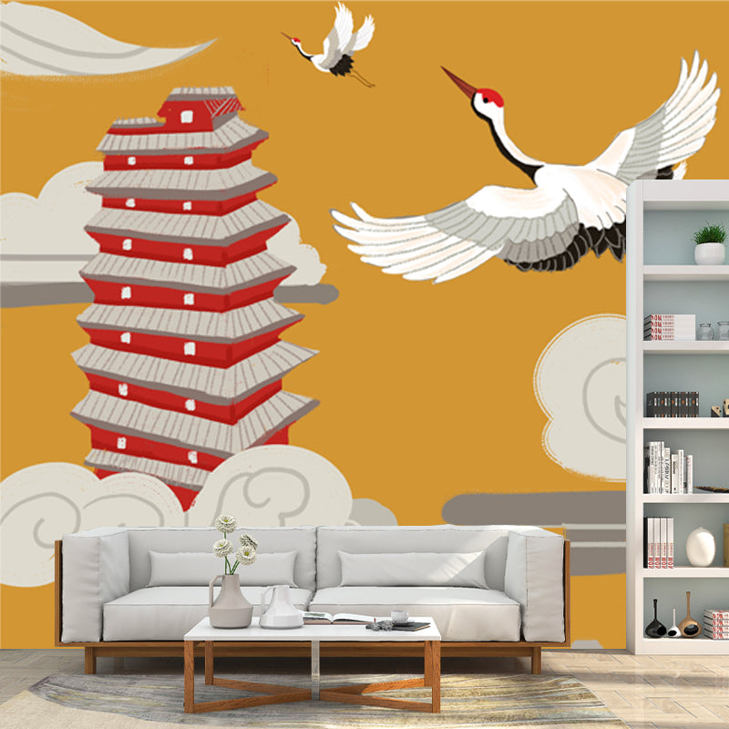 Halcyon and Temple Mural Wallpaper Chinese Smooth Wall Covering in White on Yellow Yellow Clearhalo 'Wall Decor' 'Wall Mural' 1513701