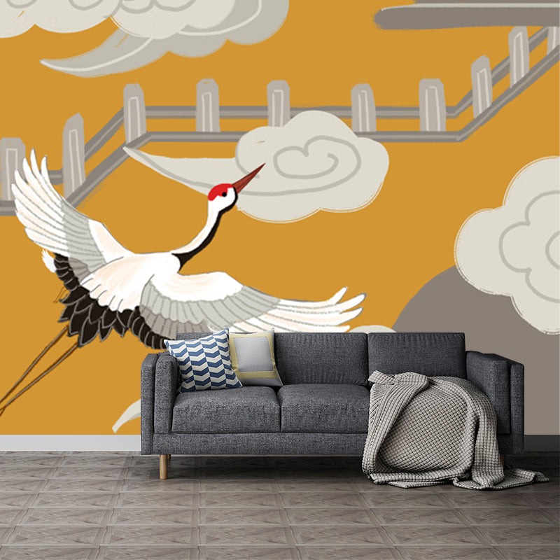 Halcyon and Temple Mural Wallpaper Chinese Smooth Wall Covering in White on Yellow Clearhalo 'Wall Decor' 'Wall Mural' 1513702