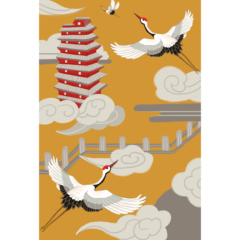 Halcyon and Temple Mural Wallpaper Chinese Smooth Wall Covering in White on Yellow Clearhalo 'Wall Decor' 'Wall Mural' 1513704