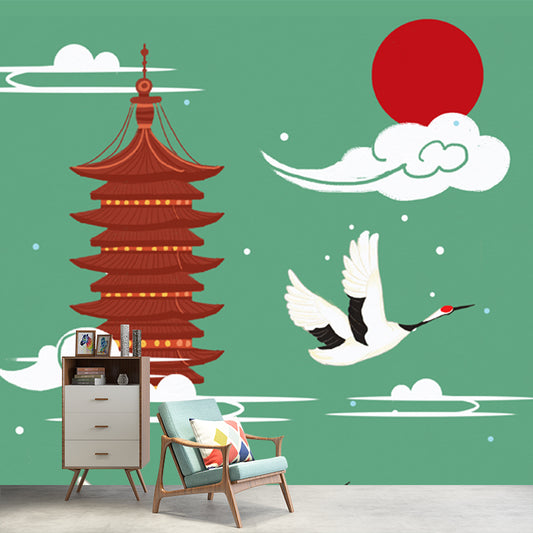 Non-Woven Big Green Mural Chinoiserie Red-Crown Crane and Temple Wall Decor, Custom-Print Clearhalo 'Wall Decor' 'Wall Mural' 1513708