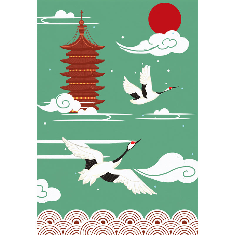Non-Woven Big Green Mural Chinoiserie Red-Crown Crane and Temple Wall Decor, Custom-Print Clearhalo 'Wall Decor' 'Wall Mural' 1513709