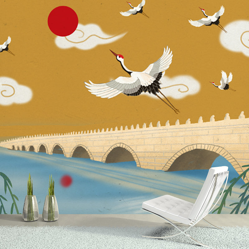 Oriental Spring Park Scene Mural Yellow Seventeen Arch Bridge with Halcyon Wall Art Yellow Clearhalo 'Wall Decor' 'Wall Mural' 1513711