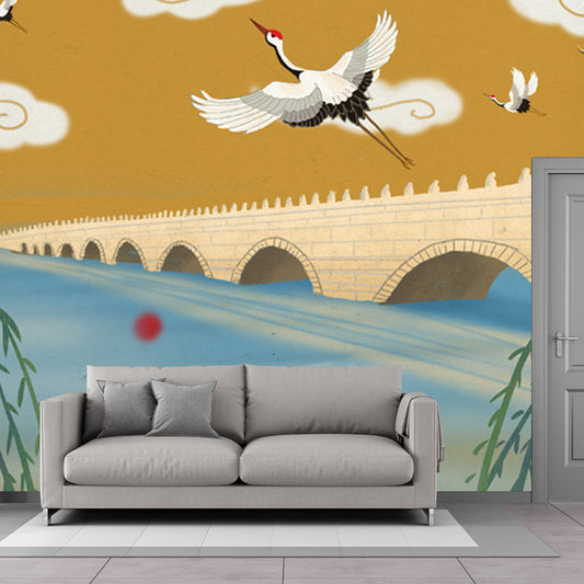Oriental Spring Park Scene Mural Yellow Seventeen Arch Bridge with Halcyon Wall Art Clearhalo 'Wall Decor' 'Wall Mural' 1513712