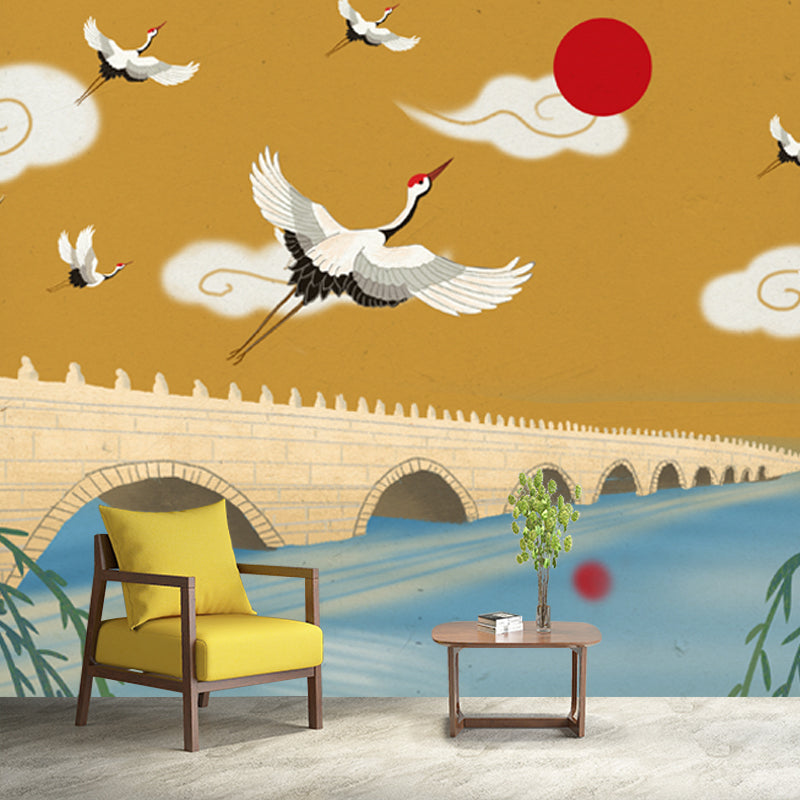 Oriental Spring Park Scene Mural Yellow Seventeen Arch Bridge with Halcyon Wall Art Clearhalo 'Wall Decor' 'Wall Mural' 1513713