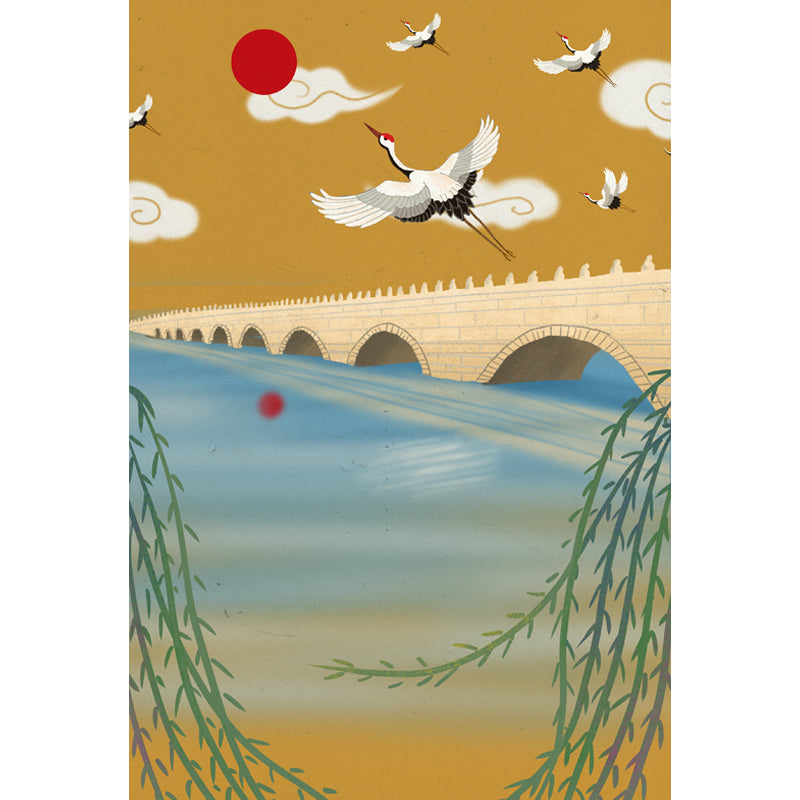 Oriental Spring Park Scene Mural Yellow Seventeen Arch Bridge with Halcyon Wall Art Clearhalo 'Wall Decor' 'Wall Mural' 1513714