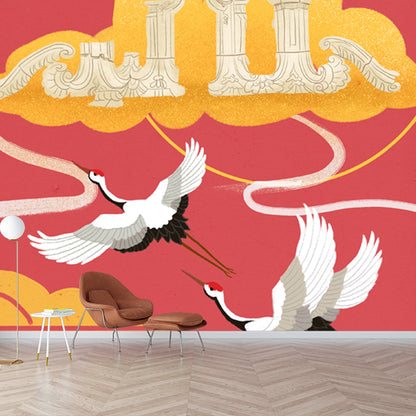 Halcyon Fly over Cloud Mural Decal in Red Chinese Style Wall Covering for Living Room Red Clearhalo 'Wall Decor' 'Wall Mural' 1513716