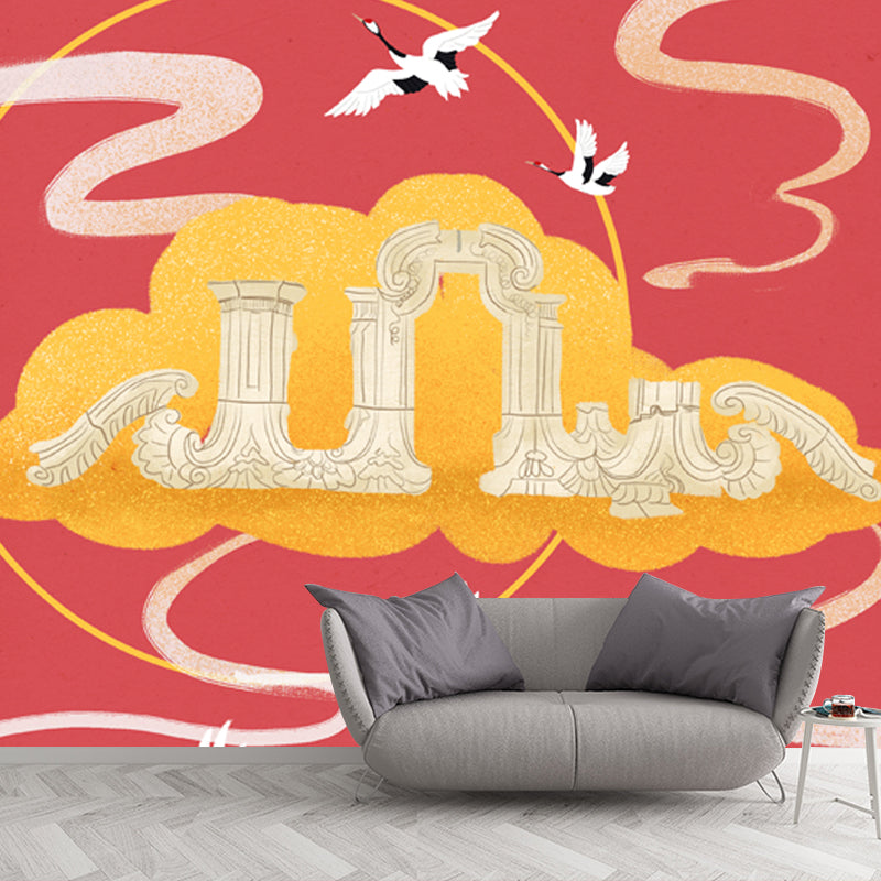 Halcyon Fly over Cloud Mural Decal in Red Chinese Style Wall Covering for Living Room Clearhalo 'Wall Decor' 'Wall Mural' 1513717