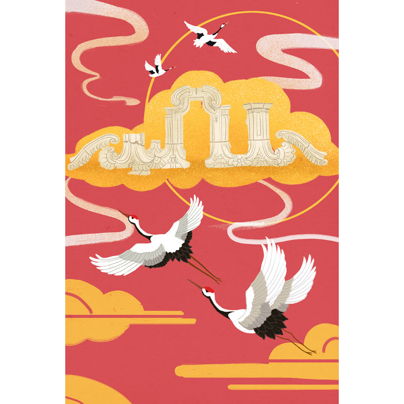 Halcyon Fly over Cloud Mural Decal in Red Chinese Style Wall Covering for Living Room Clearhalo 'Wall Decor' 'Wall Mural' 1513719