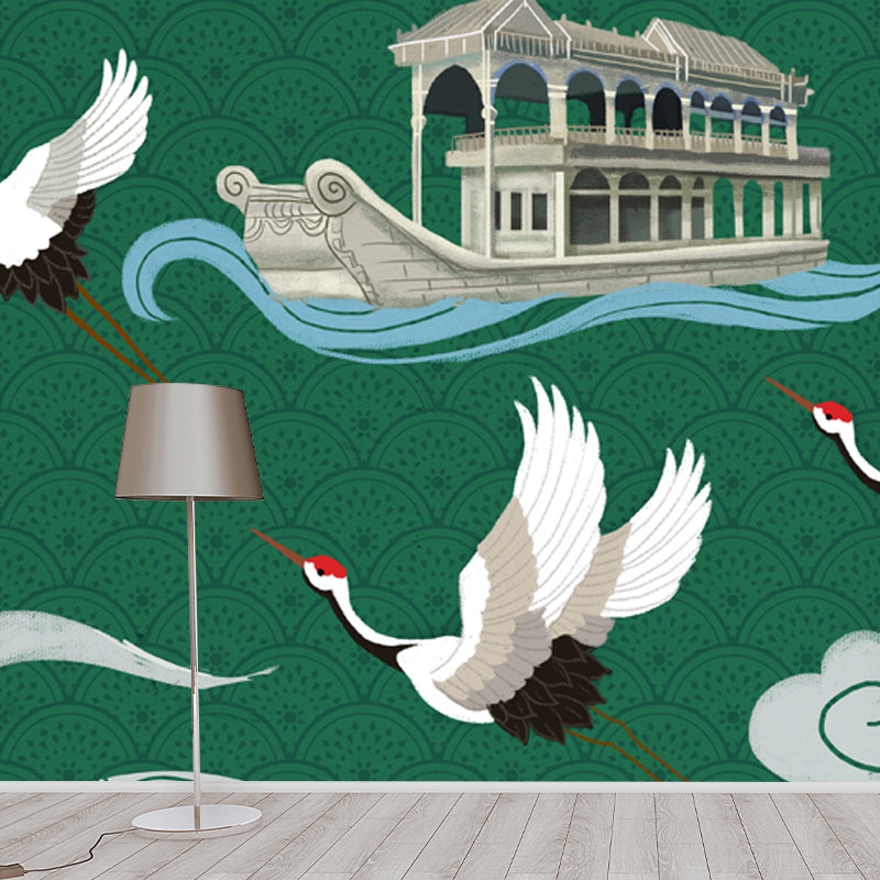 Chinese Houseboat and Halcyon Mural for Tearoom Personalized Wall Art in White-Green Green Clearhalo 'Wall Decor' 'Wall Mural' 1513721