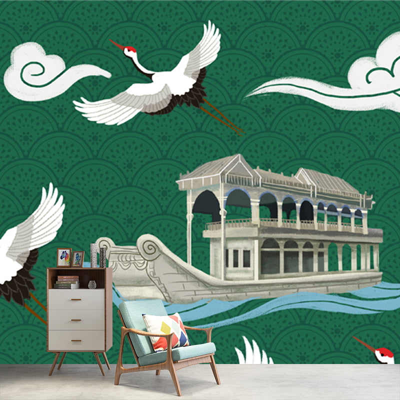 Chinese Houseboat and Halcyon Mural for Tearoom Personalized Wall Art in White-Green Clearhalo 'Wall Decor' 'Wall Mural' 1513722