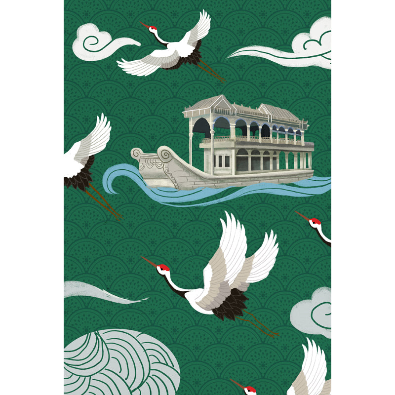 Chinese Houseboat and Halcyon Mural for Tearoom Personalized Wall Art in White-Green Clearhalo 'Wall Decor' 'Wall Mural' 1513724