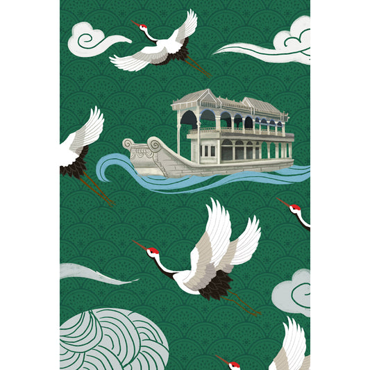 Chinese Houseboat and Halcyon Mural for Tearoom Personalized Wall Art in White-Green Clearhalo 'Wall Decor' 'Wall Mural' 1513724