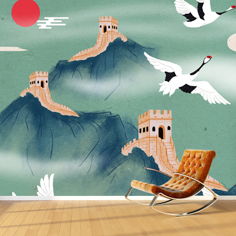 Light Green Oriental Wallpaper Mural Full Size Halcyon and the Great Wall Wall Decor for Home Light Green Clearhalo 'Wall Decor' 'Wall Mural' 1513726