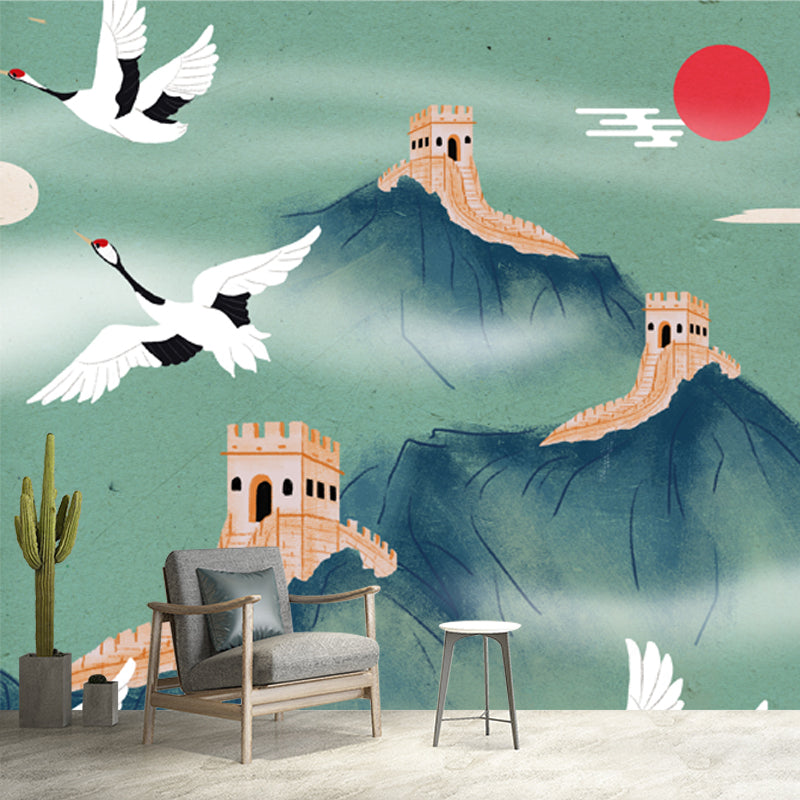 Light Green Oriental Wallpaper Mural Full Size Halcyon and the Great Wall Wall Decor for Home Clearhalo 'Wall Decor' 'Wall Mural' 1513728