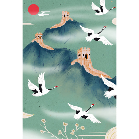 Light Green Oriental Wallpaper Mural Full Size Halcyon and the Great Wall Wall Decor for Home Clearhalo 'Wall Decor' 'Wall Mural' 1513729