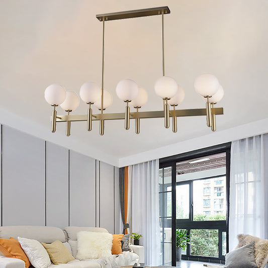 Postmodern 10-Light Island Pendant with White Glass Shade Gold Linear Ceiling Light Fixture Gold Clearhalo 'Ceiling Lights' 'Glass shade' 'Glass' 'Island Lights' Lighting' 151372