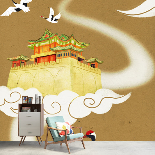 Oriental Floating Palace Wallpaper Mural for Home Customized Wall Covering in Tan Clearhalo 'Wall Decor' 'Wall Mural' 1513748