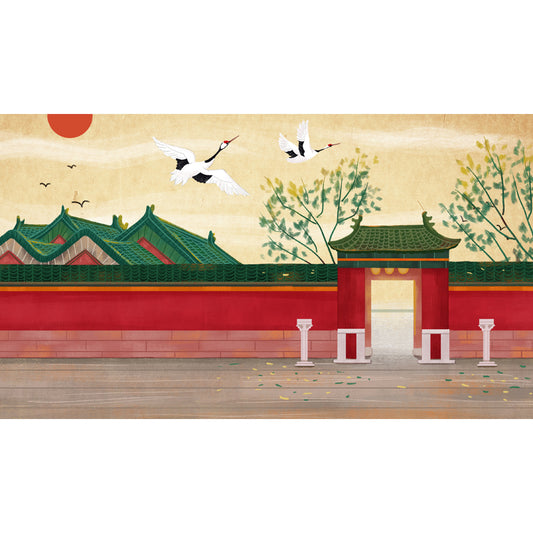 Chinese Ancient Architecture Mural Decal for Home Custom Wall Covering in Red-Beige Clearhalo 'Wall Decor' 'Wall Mural' 1513835