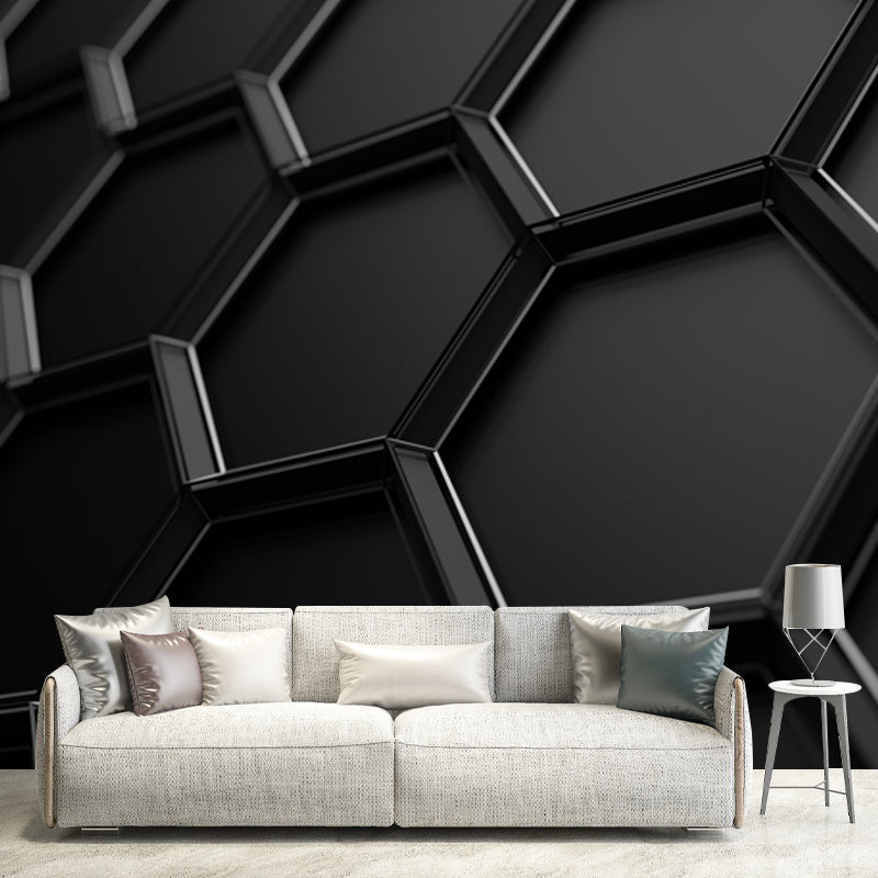 Black Honeycomb Metal Wallpaper Mural 3D Stain Resistant Wall Covering for Bedroom Black Design 2 Clearhalo 'Wall Decor' 'Wall Mural' 1513908