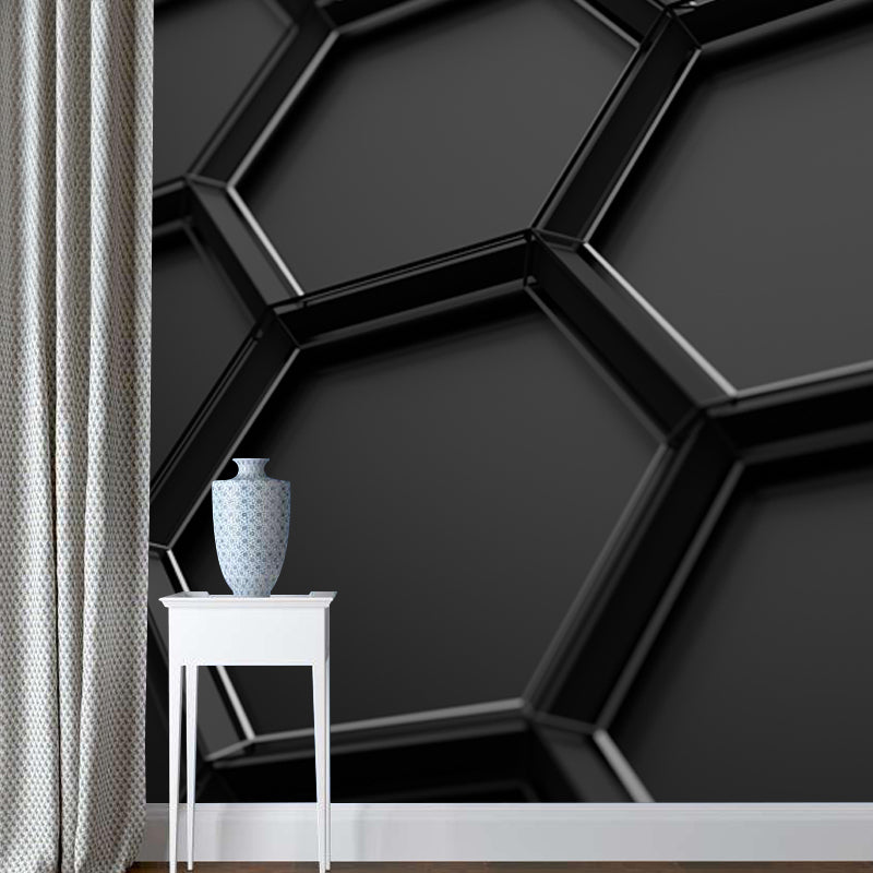 Black Honeycomb Metal Wallpaper Mural 3D Stain Resistant Wall Covering for Bedroom Clearhalo 'Wall Decor' 'Wall Mural' 1513910