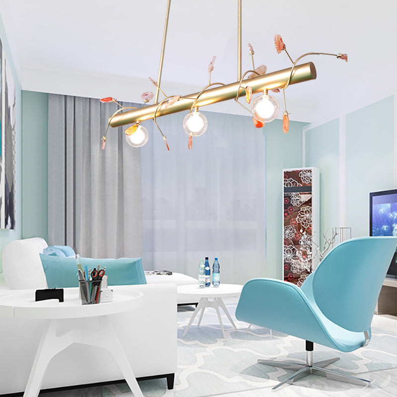 Iron Branch Island Pendant Contemporary 3-Light Ceiling Light Fixture in Pink/Yellow/Orange with Clear Glass Ball Shade Gold C Clearhalo 'Ceiling Lights' 'Close To Ceiling Lights' 'Glass shade' 'Glass' 'Island Lights' Lighting' 151436