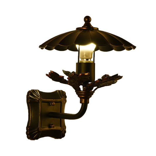 Metal Bronze Sconce Light Cone 1-Light Industrial Wall Lamp with Leaf Decoration and Square Backplate Clearhalo 'Art deco wall lights' 'Cast Iron' 'Glass' 'Industrial wall lights' 'Industrial' 'Middle century wall lights' 'Modern' 'Rustic wall lights' 'Tiffany' 'Traditional wall lights' 'Wall Lamps & Sconces' 'Wall Lights' Lighting' 151547