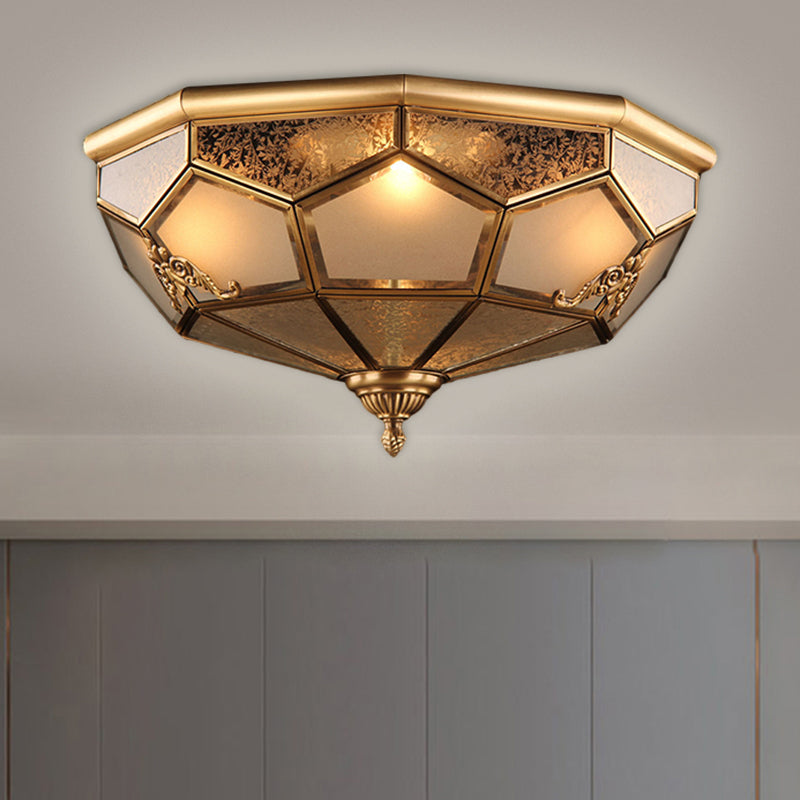14"/18" Wide 3/4-Head Ceiling Light Traditional Printed Bowl Opal Glass Flush Mount Fixture in Brass Clearhalo 'Ceiling Lights' 'Close To Ceiling Lights' 'Close to ceiling' 'Flush mount' Lighting' 1515484
