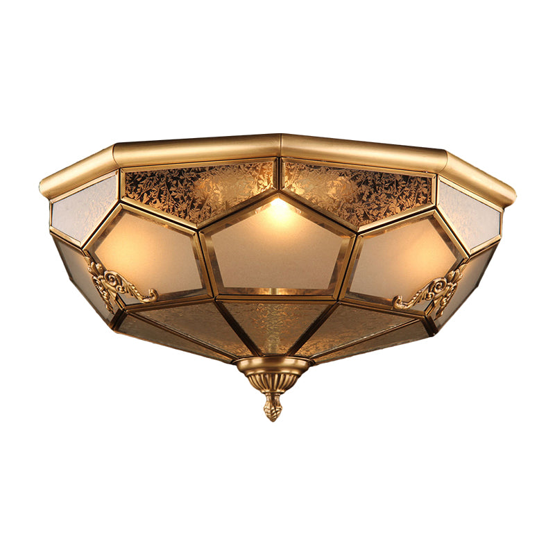 14"/18" Wide 3/4-Head Ceiling Light Traditional Printed Bowl Opal Glass Flush Mount Fixture in Brass Clearhalo 'Ceiling Lights' 'Close To Ceiling Lights' 'Close to ceiling' 'Flush mount' Lighting' 1515485