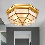 Brass Octagon Ceiling Lighting Antiqued Milky Glass 17"/25.5" W 4/6 Heads Hallway Flush Mount Light