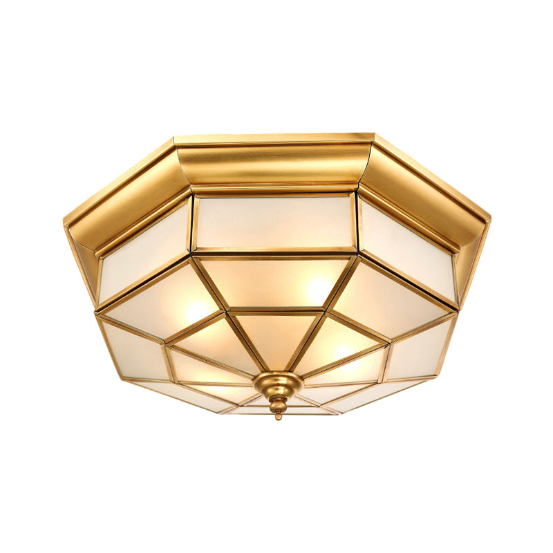 Brass Octagon Ceiling Lighting Antiqued Milky Glass 17"/25.5" W 4/6 Heads Hallway Flush Mount Light