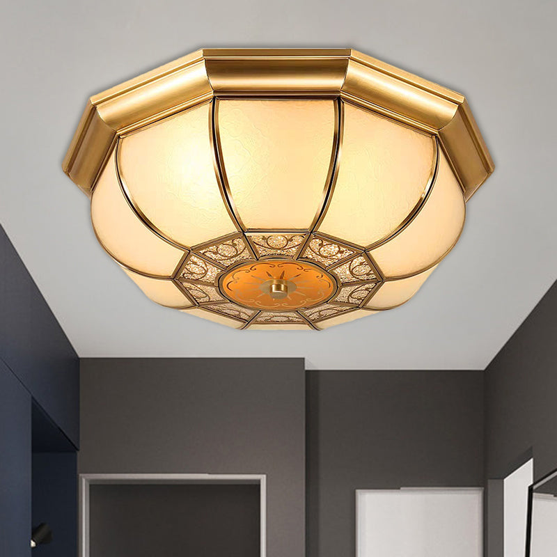 3 Bulbs Flush Mounted Fixture Countryside Patterned Bowl Frosted Glass Ceiling Lighting in Brass Clearhalo 'Ceiling Lights' 'Close To Ceiling Lights' 'Close to ceiling' 'Flush mount' Lighting' 1515509