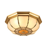 3 Bulbs Flush Mounted Fixture Countryside Patterned Bowl Frosted Glass Ceiling Lighting in Brass Clearhalo 'Ceiling Lights' 'Close To Ceiling Lights' 'Close to ceiling' 'Flush mount' Lighting' 1515510