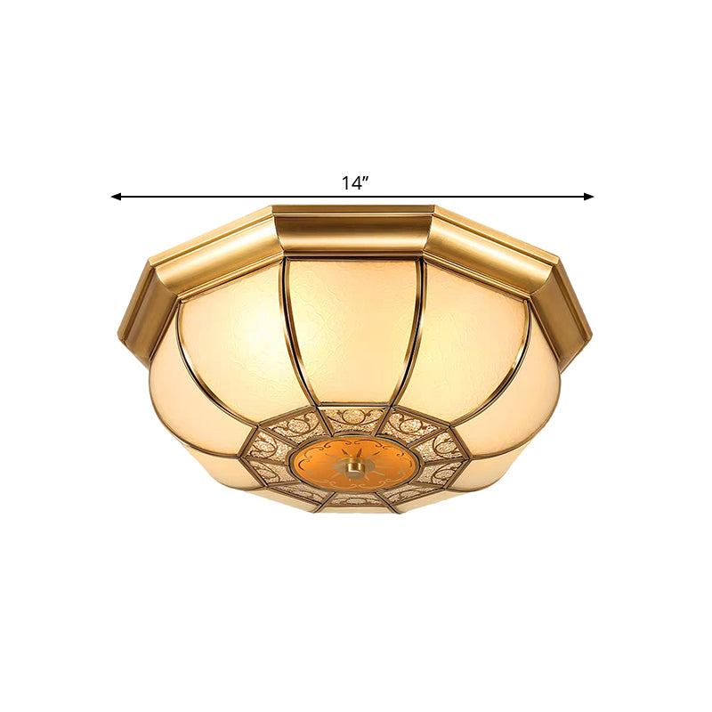 3 Bulbs Flush Mounted Fixture Countryside Patterned Bowl Frosted Glass Ceiling Lighting in Brass Clearhalo 'Ceiling Lights' 'Close To Ceiling Lights' 'Close to ceiling' 'Flush mount' Lighting' 1515511