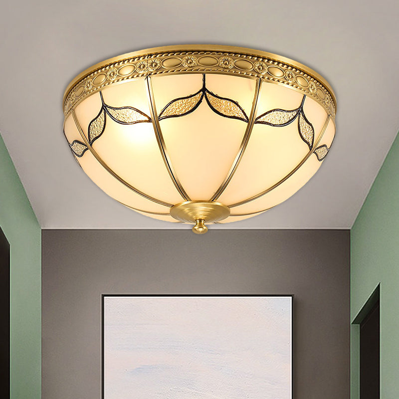14"/18" W Countryside Domed Flush Lamp 3/4 Lights Milky Glass Ceiling Mounted Fixture with Leaf Pattern in Brass Brass Clearhalo 'Ceiling Lights' 'Close To Ceiling Lights' 'Close to ceiling' 'Flush mount' Lighting' 1515542