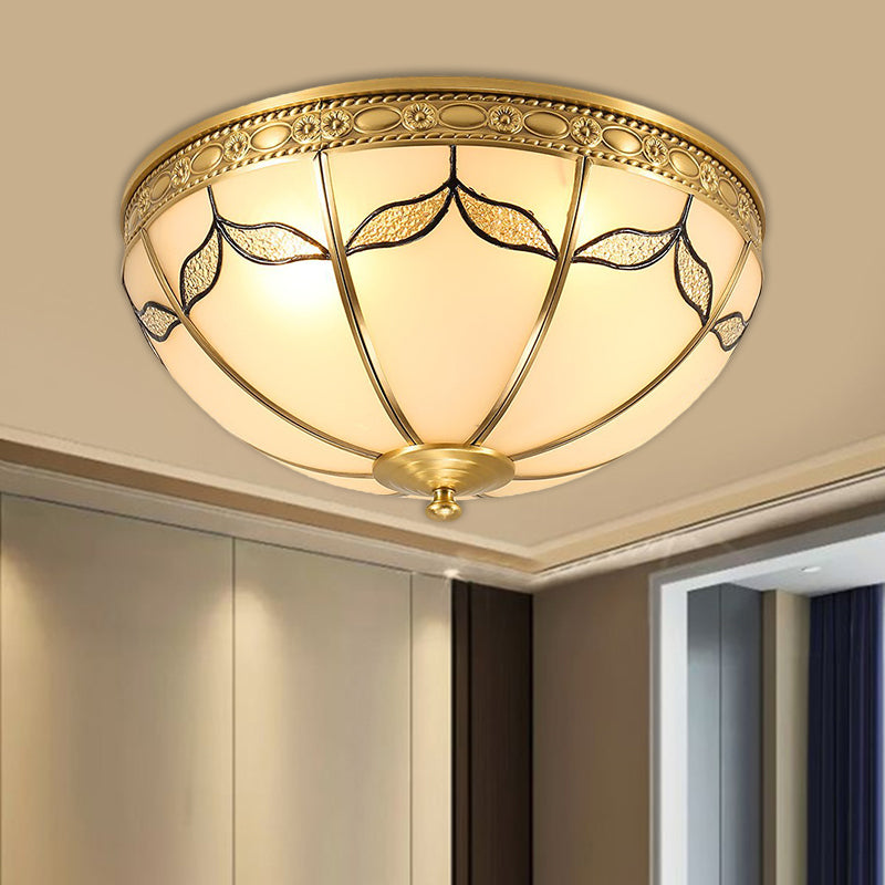 14"/18" W Countryside Domed Flush Lamp 3/4 Lights Milky Glass Ceiling Mounted Fixture with Leaf Pattern in Brass Clearhalo 'Ceiling Lights' 'Close To Ceiling Lights' 'Close to ceiling' 'Flush mount' Lighting' 1515543