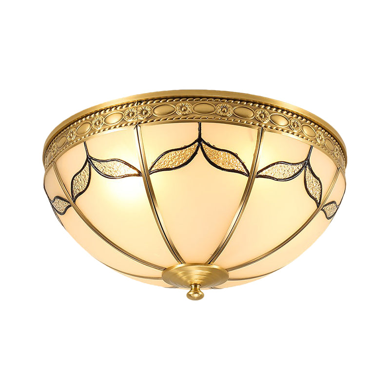 14"/18" W Countryside Domed Flush Lamp 3/4 Lights Milky Glass Ceiling Mounted Fixture with Leaf Pattern in Brass Clearhalo 'Ceiling Lights' 'Close To Ceiling Lights' 'Close to ceiling' 'Flush mount' Lighting' 1515544