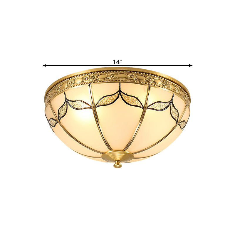 14"/18" W Countryside Domed Flush Lamp 3/4 Lights Milky Glass Ceiling Mounted Fixture with Leaf Pattern in Brass Clearhalo 'Ceiling Lights' 'Close To Ceiling Lights' 'Close to ceiling' 'Flush mount' Lighting' 1515545