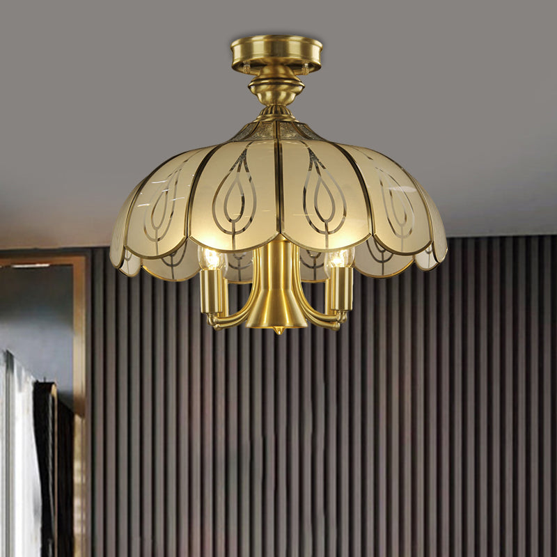 Brass 4 Heads Semi Flush Rural Style Frosted Glass Scalloped Ceiling Mounted Fixture with Leaf Pattern Brass Clearhalo 'Ceiling Lights' 'Close To Ceiling Lights' 'Close to ceiling' 'Glass shade' 'Glass' 'Semi-flushmount' Lighting' 1515556