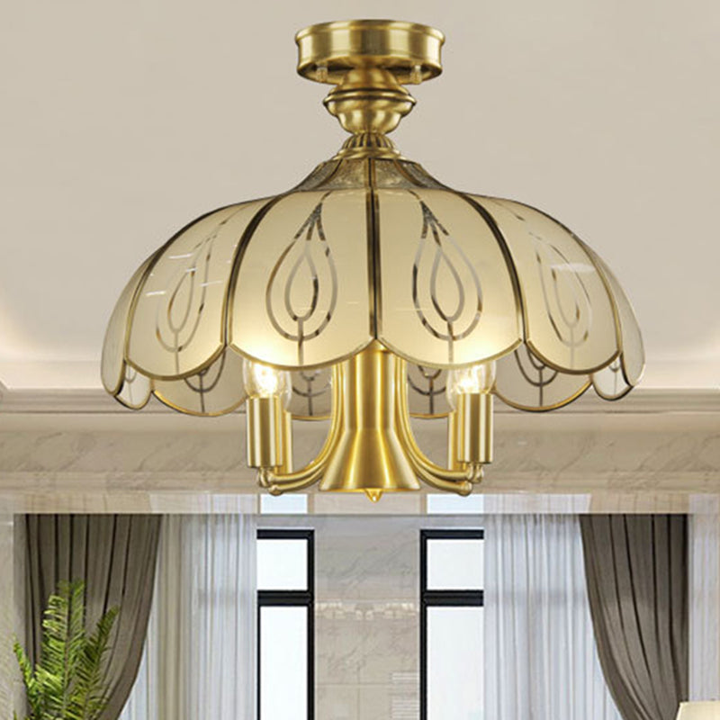 Brass 4 Heads Semi Flush Rural Style Frosted Glass Scalloped Ceiling Mounted Fixture with Leaf Pattern Clearhalo 'Ceiling Lights' 'Close To Ceiling Lights' 'Close to ceiling' 'Glass shade' 'Glass' 'Semi-flushmount' Lighting' 1515557