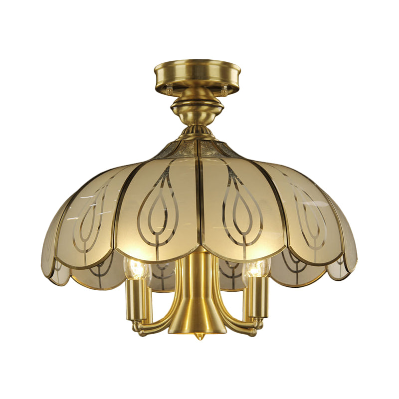 Brass 4 Heads Semi Flush Rural Style Frosted Glass Scalloped Ceiling Mounted Fixture with Leaf Pattern Clearhalo 'Ceiling Lights' 'Close To Ceiling Lights' 'Close to ceiling' 'Glass shade' 'Glass' 'Semi-flushmount' Lighting' 1515558