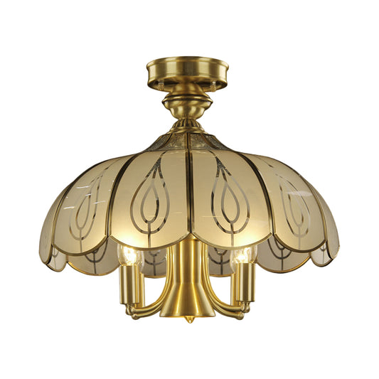 Brass 4 Heads Semi Flush Rural Style Frosted Glass Scalloped Ceiling Mounted Fixture with Leaf Pattern Clearhalo 'Ceiling Lights' 'Close To Ceiling Lights' 'Close to ceiling' 'Glass shade' 'Glass' 'Semi-flushmount' Lighting' 1515558