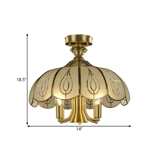 Brass 4 Heads Semi Flush Rural Style Frosted Glass Scalloped Ceiling Mounted Fixture with Leaf Pattern Clearhalo 'Ceiling Lights' 'Close To Ceiling Lights' 'Close to ceiling' 'Glass shade' 'Glass' 'Semi-flushmount' Lighting' 1515559