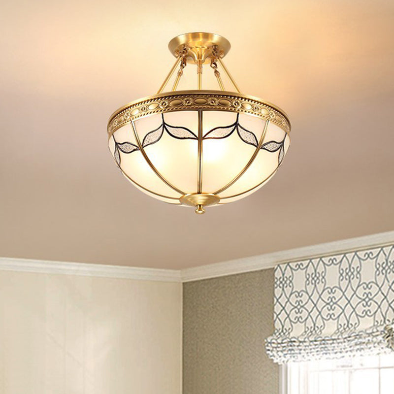 14"/18" W Retro Style Dome Ceiling Light 3/4 Bulbs Milky Glass Leaf Patterned Semi Flush Mount Lighting in Brass Brass Clearhalo 'Ceiling Lights' 'Close To Ceiling Lights' 'Close to ceiling' 'Glass shade' 'Glass' 'Semi-flushmount' Lighting' 1515560