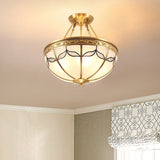 14"/18" W Retro Style Dome Ceiling Light 3/4 Bulbs Milky Glass Leaf Patterned Semi Flush Mount Lighting in Brass Brass Clearhalo 'Ceiling Lights' 'Close To Ceiling Lights' 'Close to ceiling' 'Glass shade' 'Glass' 'Semi-flushmount' Lighting' 1515560